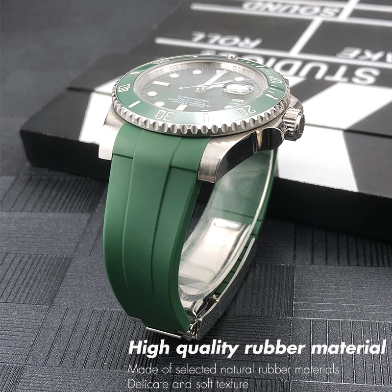 Curved End 21mm 20mm 22mm 19mm Silicone Rubber Watchband fir For Rolex Daytona Green Submariner GMT Explorer Role Watch Strap