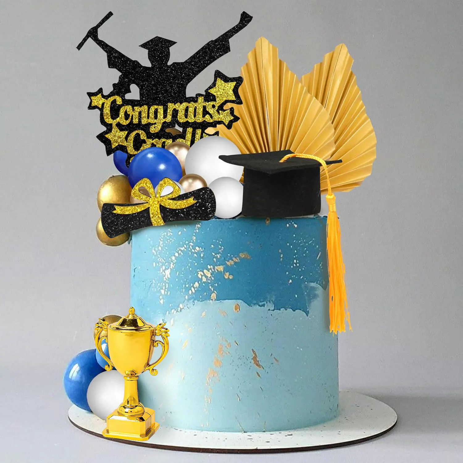 Graduate Cake Toppers Trophy Congrats Decoration for High School College Senior Graduation Party Supplies Blue Gold Ball Cake To