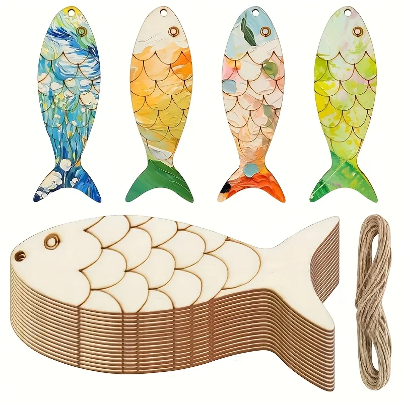20 peças de peixe de madeira com corte de papel DIY artesanato - corte de peixe de madeira em branco, dando corda de cânhamo, design de abertura, fácil de pendurar,