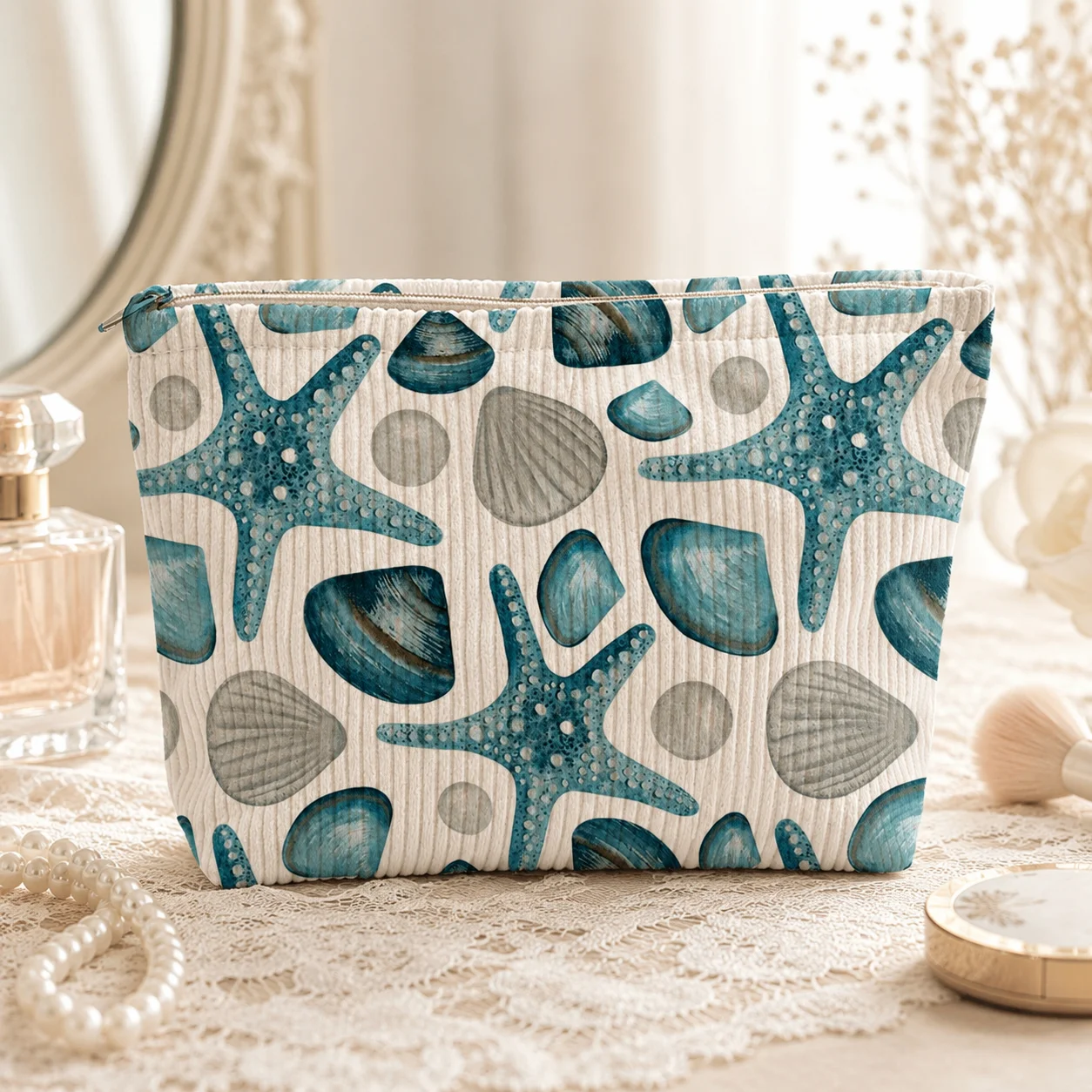 Women’s Coastal Starfish Corduroy Makeup Bag Large Capacity Zipper Cosmetic Pouch for Travel Beach Vacation Daily Toiletries
