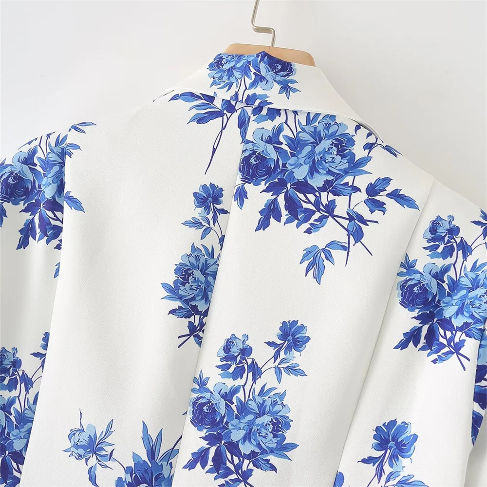 2024 Summer New Product Women\'s Fashion Versatile One Button Long sleeved Blue and White Porcelain Printed Slim Fit Suit Coat