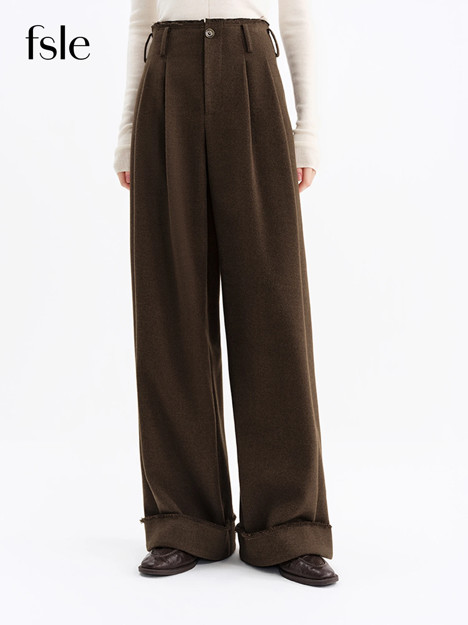 FSLE Vintage Cuffed Design Straight-Leg Casual Pants Slimming  Height-Enhancing Winter 2025 New Arrival Floor Lenghth Collection
