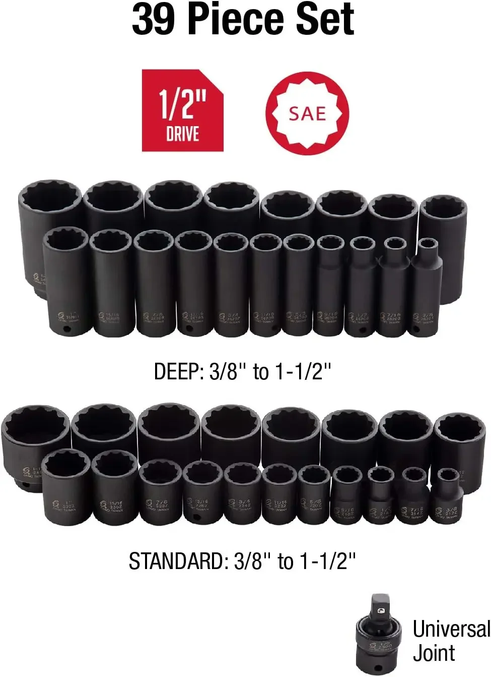 TOOLS 2698 1/2-Inch Drive 12-Point SAE Master Impact Socket Set, 39-Piece