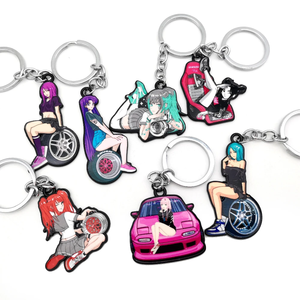 JDM Key Ring Keychain Racing Modification Culture Style Metal Zinc Alloy Keyring For Car Wheel Turbo Sexy Girl Auto Accessories