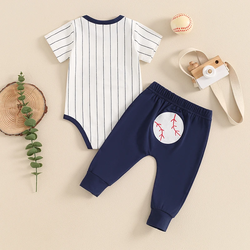 Baby Boys 2-piece Outfit Striped Letters Print Short Sleeve Romper with Baseball Pants Summer Outfit