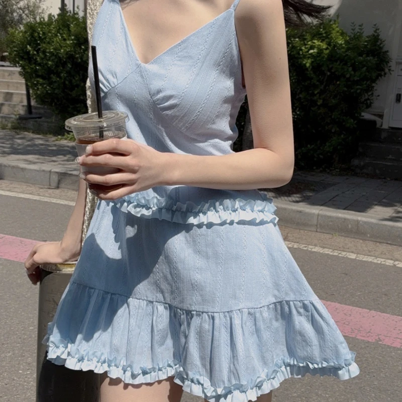 2026 Summer Design Hot Selling Slim Shoulder Strap Sweet Lace Mid Length Dress for Women