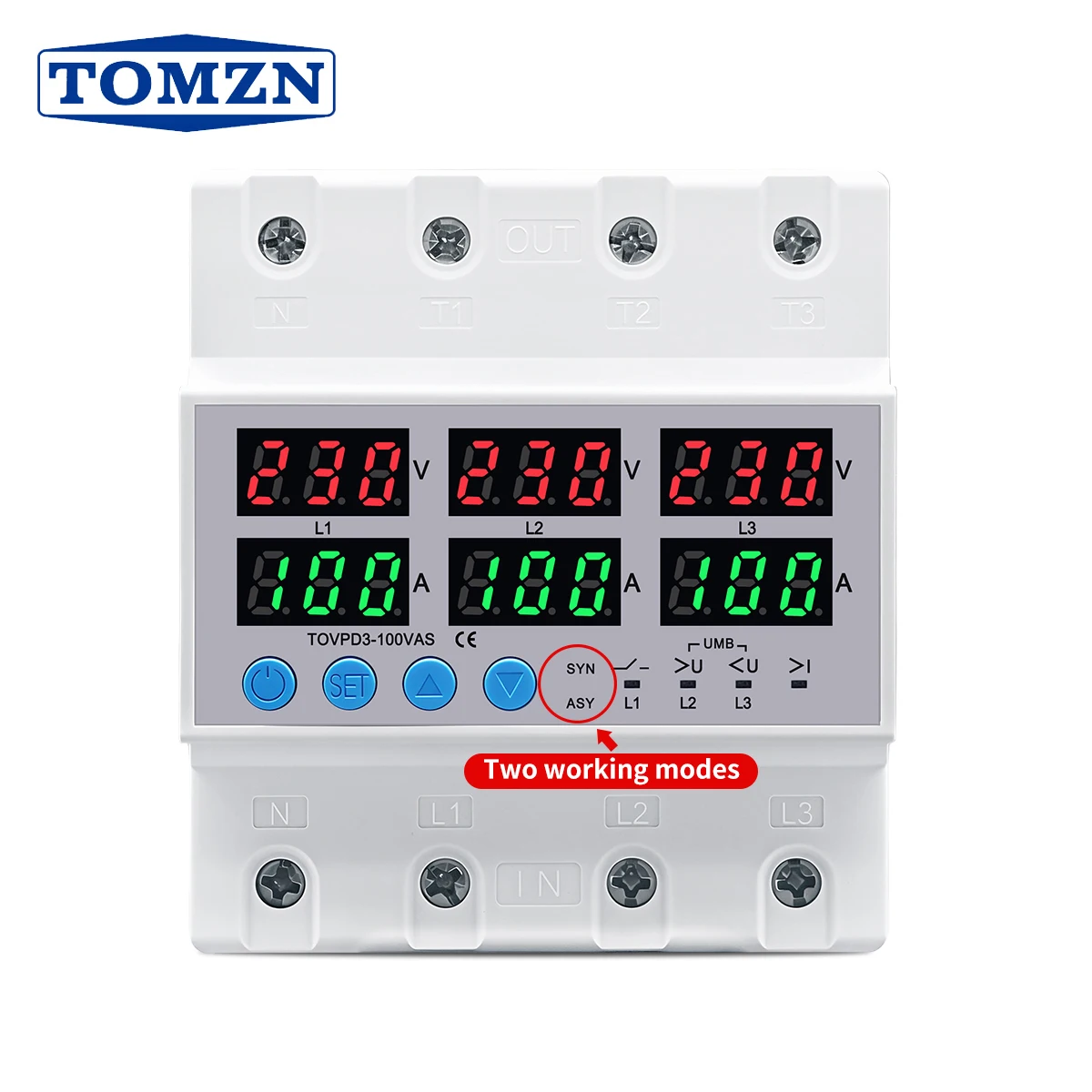 3 Phase 100A Din Rail Adjustable Over Under Voltage Current Limit Protection Relay Protector SYN ASYNC Synchronous Asynchronous
