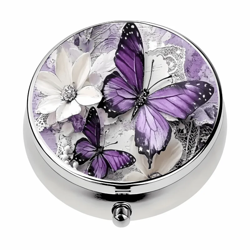 Two Styles and Capacities Are Available Exquisite Design Adorned with Purple Butterflies and Floral Background Patterns. Rectangular and Round Portable Decorative Boxes. Compact Three-Compartment/Two-Compartment Metal Pill Box. Portable Decorative Vitamin Box