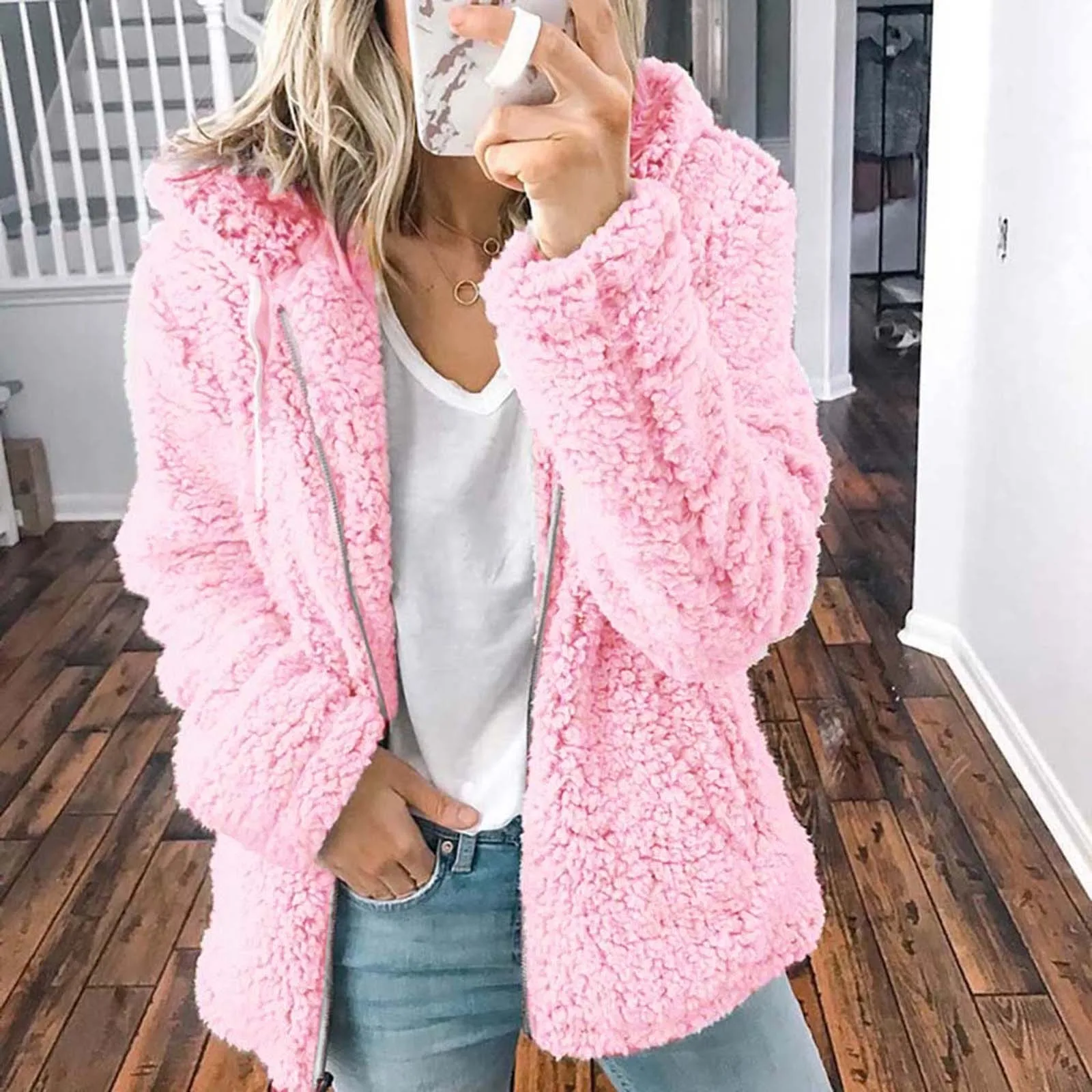 Women Winter Coat Warm Solid Zipper Pocket Hooded Long Sleeves Cardigan Faux Furry Warm Fleece Teddy Ladies Jacket