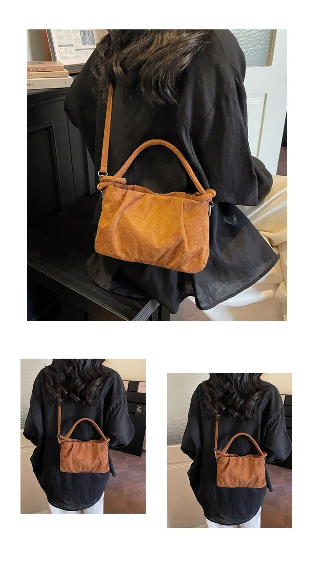 Retro-Stil Wildleder Umhängetasche mit Magnetverschluss Weicher Griff Schultertasche Faltenoptik Modische Handtasche für Damen – Detail 7
