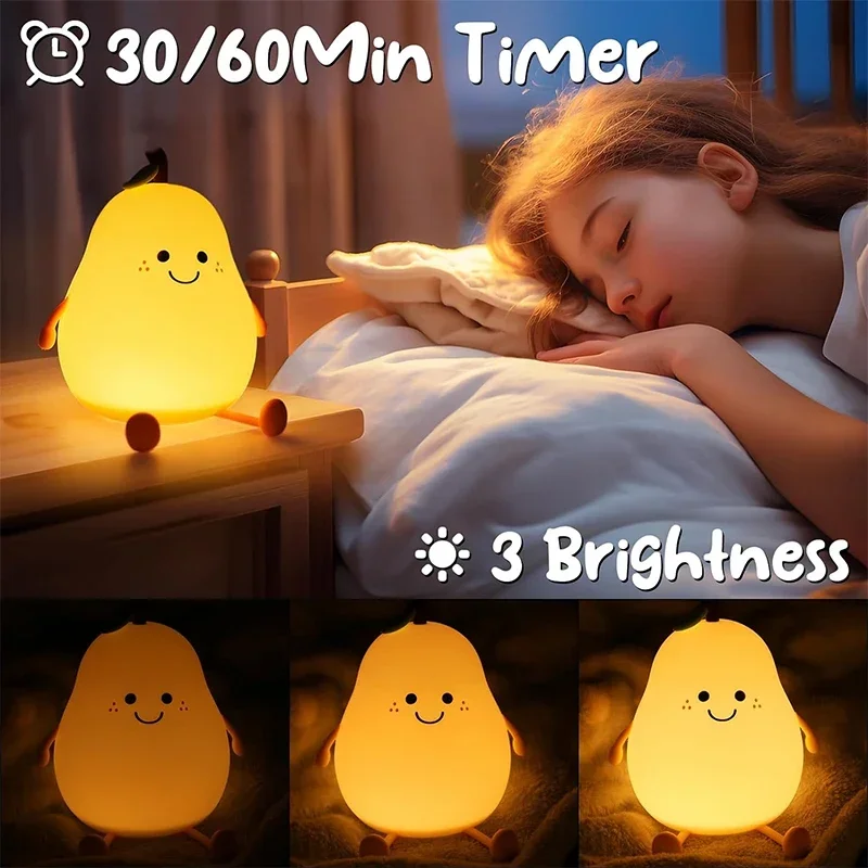 Night Lights for Kids Pear Shaped Cute Silicone Nightlight 7 Colors Dimmable Night Lamp USB Charging for Bedroom Bedside Room