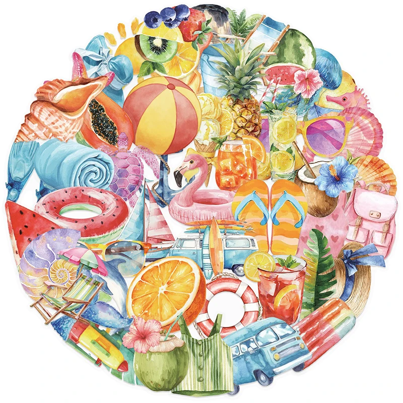 50PCS Fresh Summer Stickers Cartoon Summer Beach Colorful Sticker Decoration Vinyl Waterproof Decals for Water Bottles DIY
