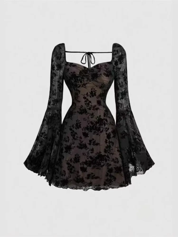 Sexy schwarzes transparentes Kleid für Damen, modisches Langarmkleid mit V-Ausschnitt, hoher Taille, lockeres Minikleid, elegantes Y2K-Kleid für Damen, Urlaub, Party, Chic