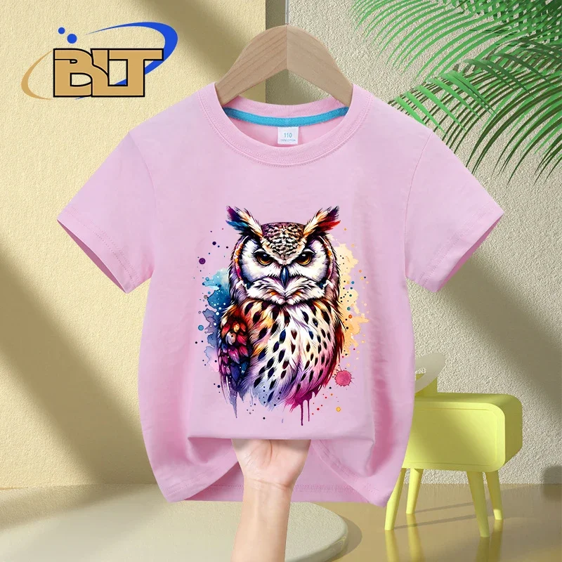 T-shirt de manga curta para menino e menina, algodão, design aquarela, estampa coruja, casual, verão