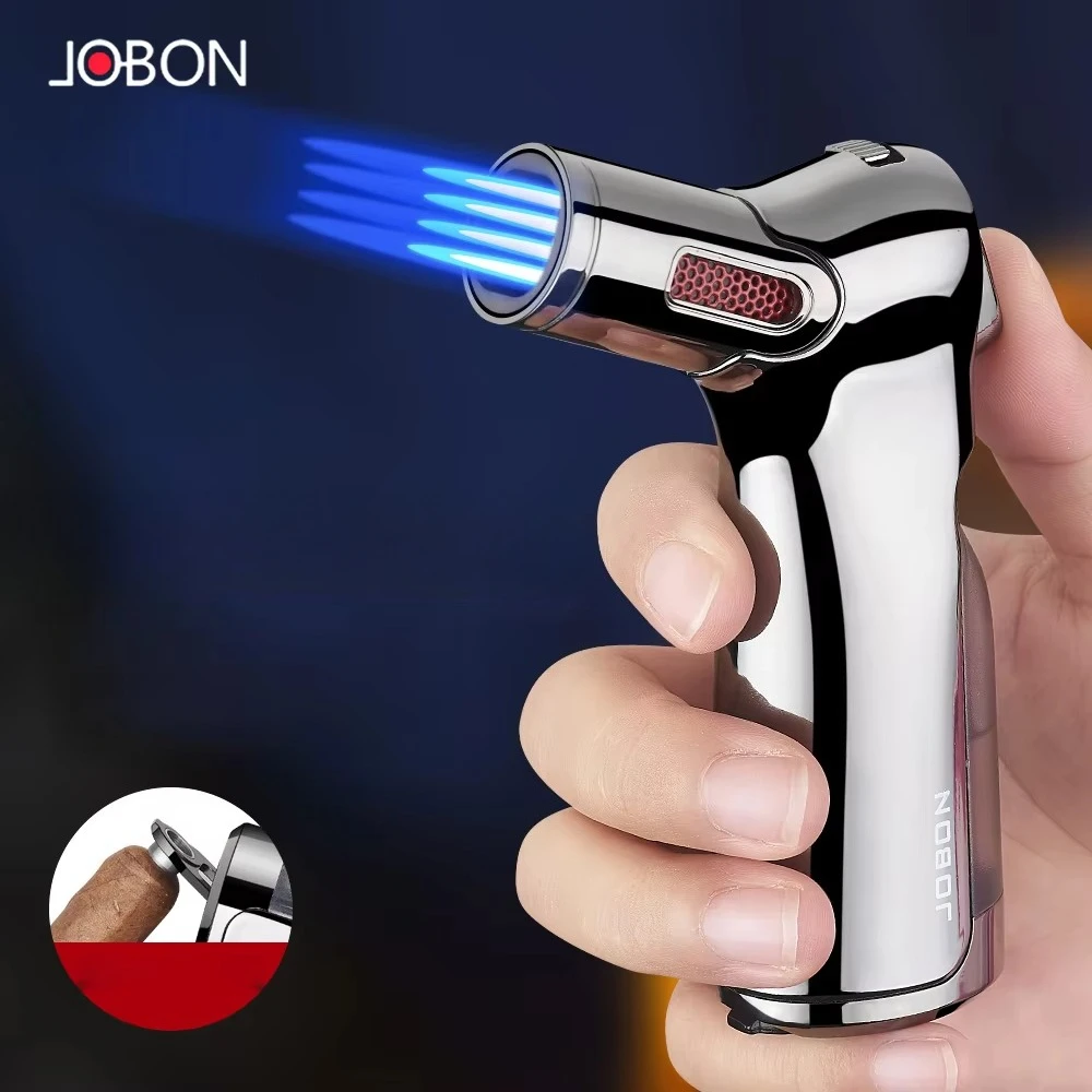 New JOBON Four Flame Cigar Lighter Bottom Cigar Rigger Design Security Latch Transparent Gas Window Strong Windproof Flame Gifts