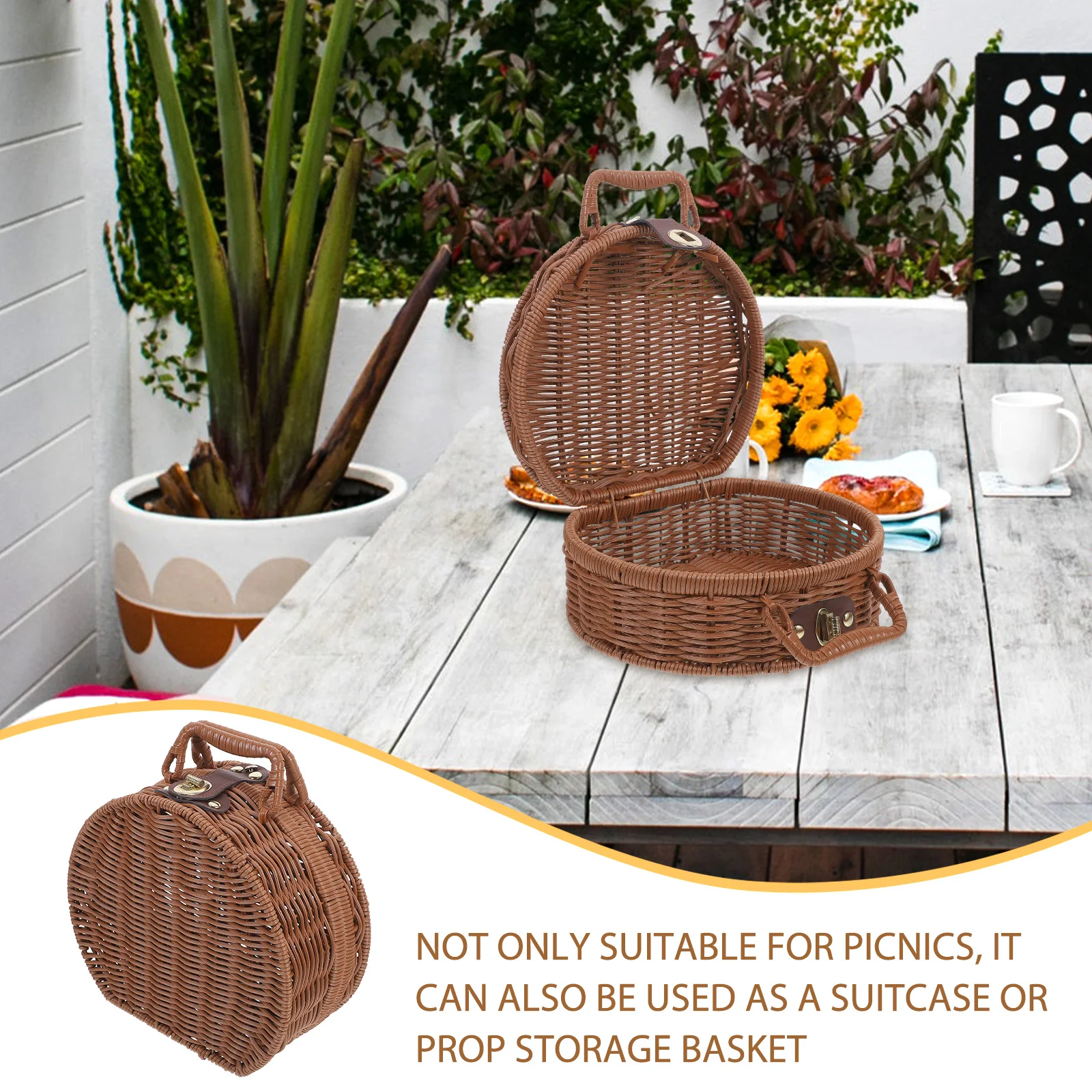 

1pc Sturdy Woven Storage Basket Imitation Rattan Picnic Suitcase Vintage Decorative Case Organizer Container For Camping Hiking