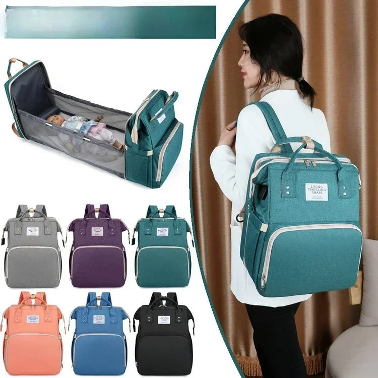 

Large capacity foldable mommy bag New fashionable backpack for mothers with children Mother and baby bag foldable crib