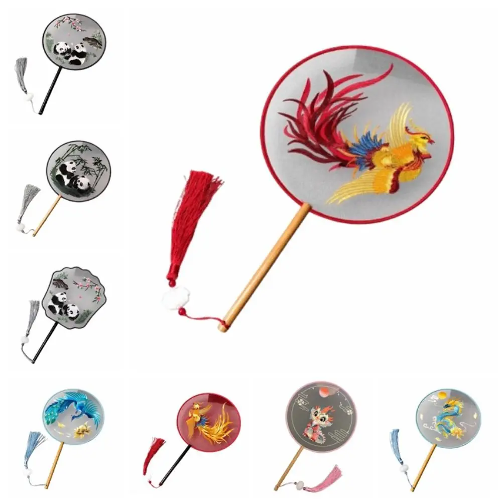 Creative Embroidered Silk Fan Cute Panda Chinese Style Chinese Ancient Style Round Fan Wooden Handle Flower Pattern