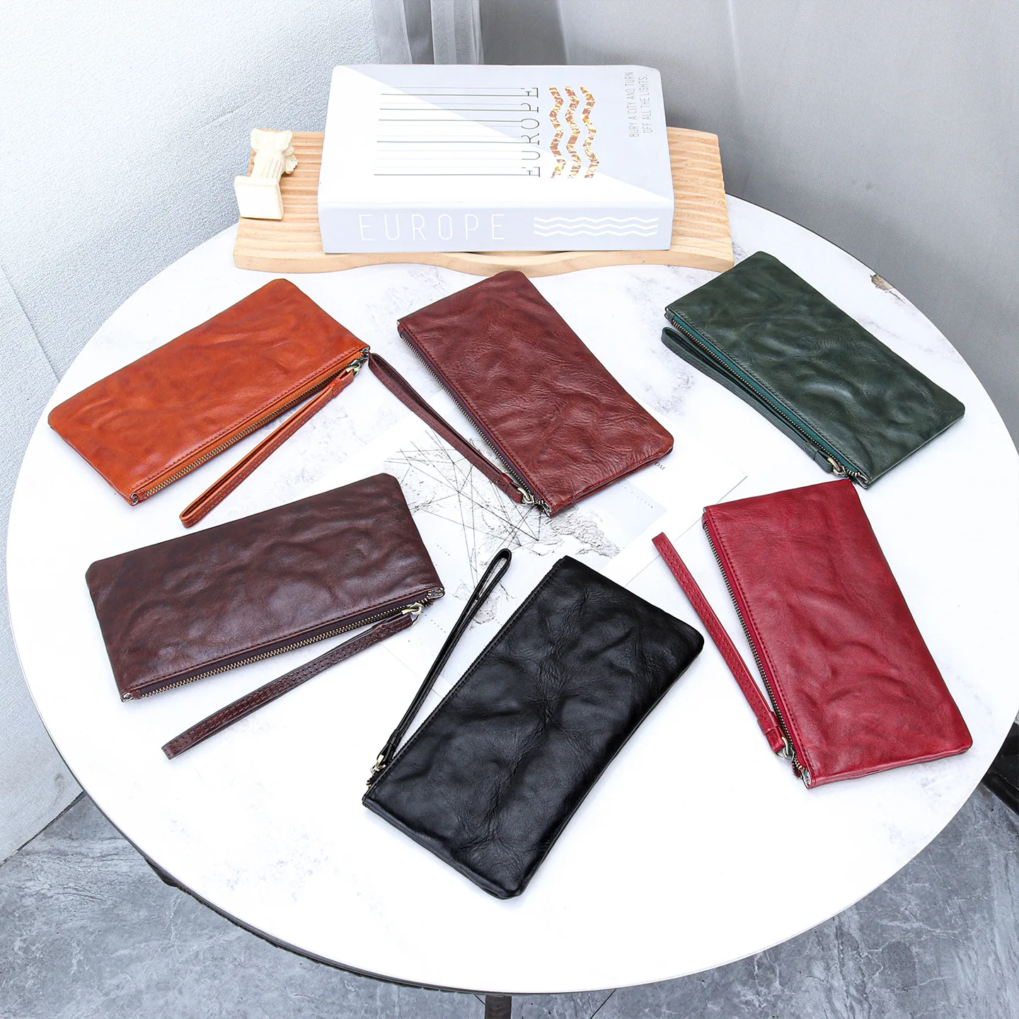 Leather Wristlet Clutch Slim Cellphone Wallet for Women | Thin Cowhide Long Wallets With Multiple Card Slots & Detachable Strap