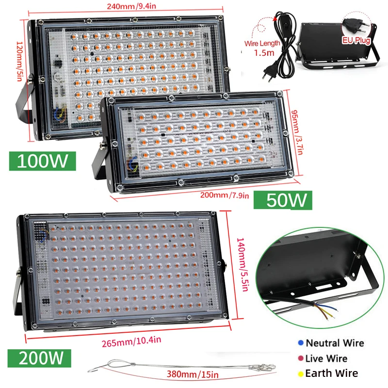 Full Spectrum LED Grow Light Phyto Lamp AC 220V 50W 100W 200W 300W With EU Plug For Greenhouse Hydroponic Plant Growth Lighting