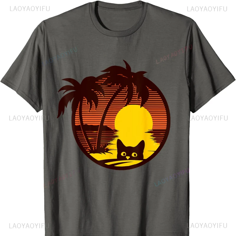 Cat Sun Set Cat Retro Style T-Shirt Women Clothing Graphic T Shirts Gothic Funny Outdoors High Quality Cotton Short-sleev Tops