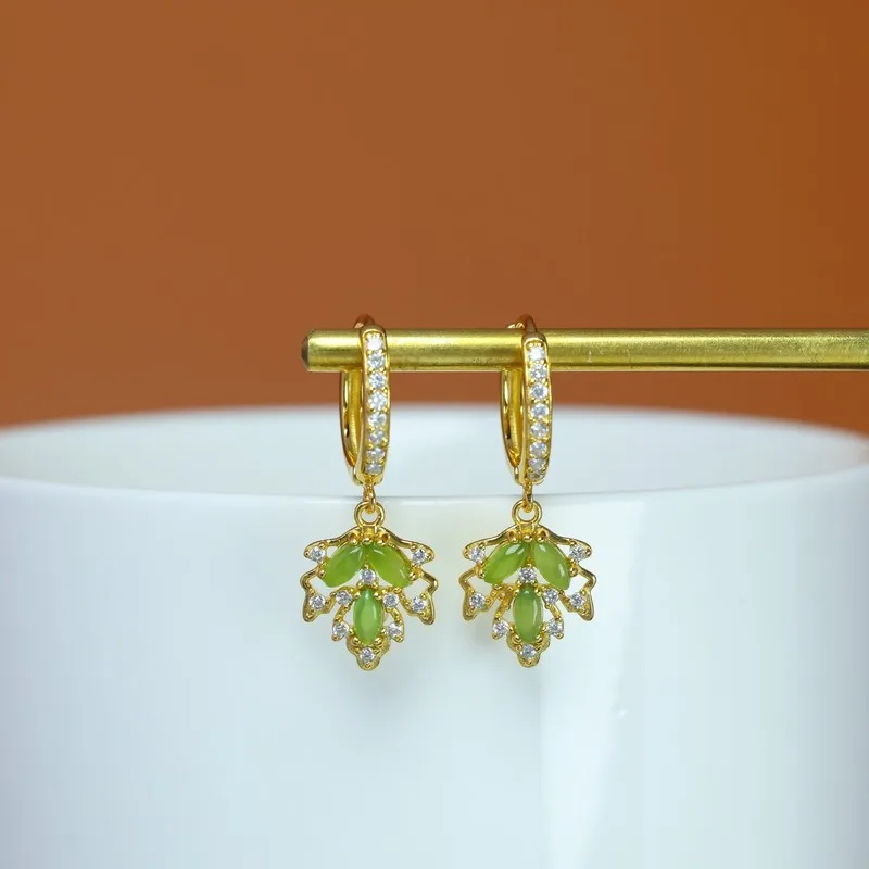 Natural Hotan Maple Earrings S925 Silver Inlaid With Jasper Leaf Clasps