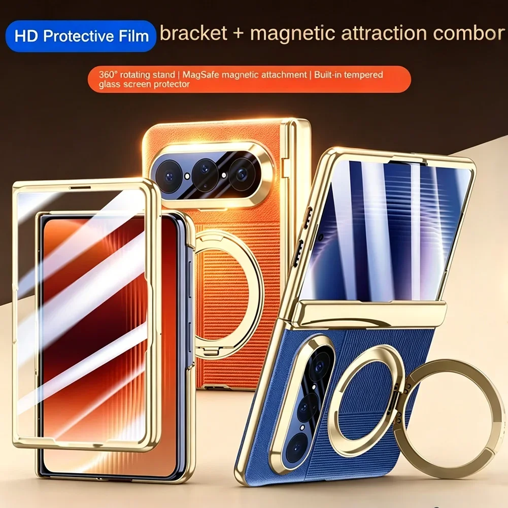 

Rotatable Metal Magnetic Case For Huawei Pura X Max Bracket Central Axis Magnetic Tempered Glass Protective Film Leather Cover