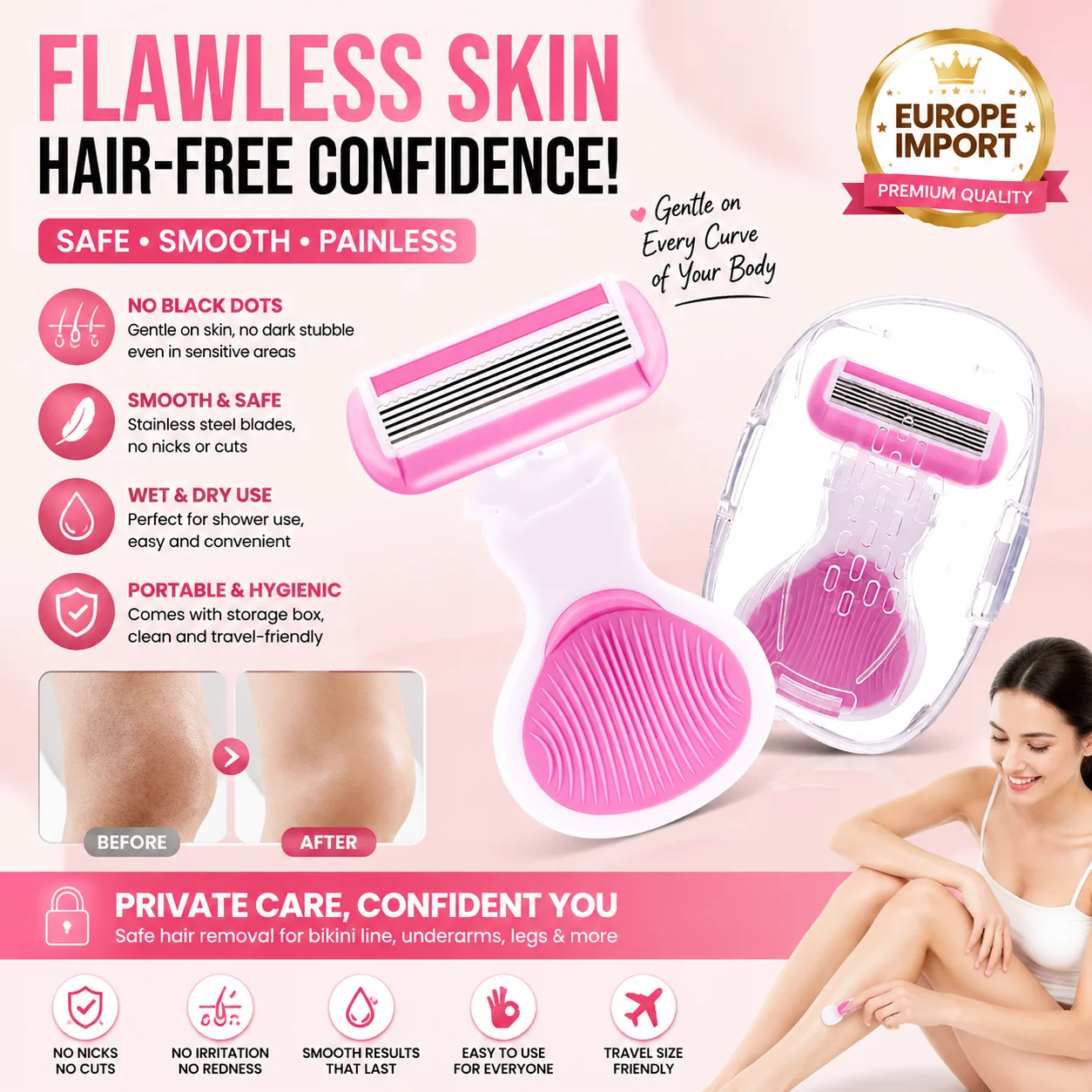Shaving knife for women, armpit hair, hand and leg hair removal tool, intimate area, pubic hair trimming and hair removal razor