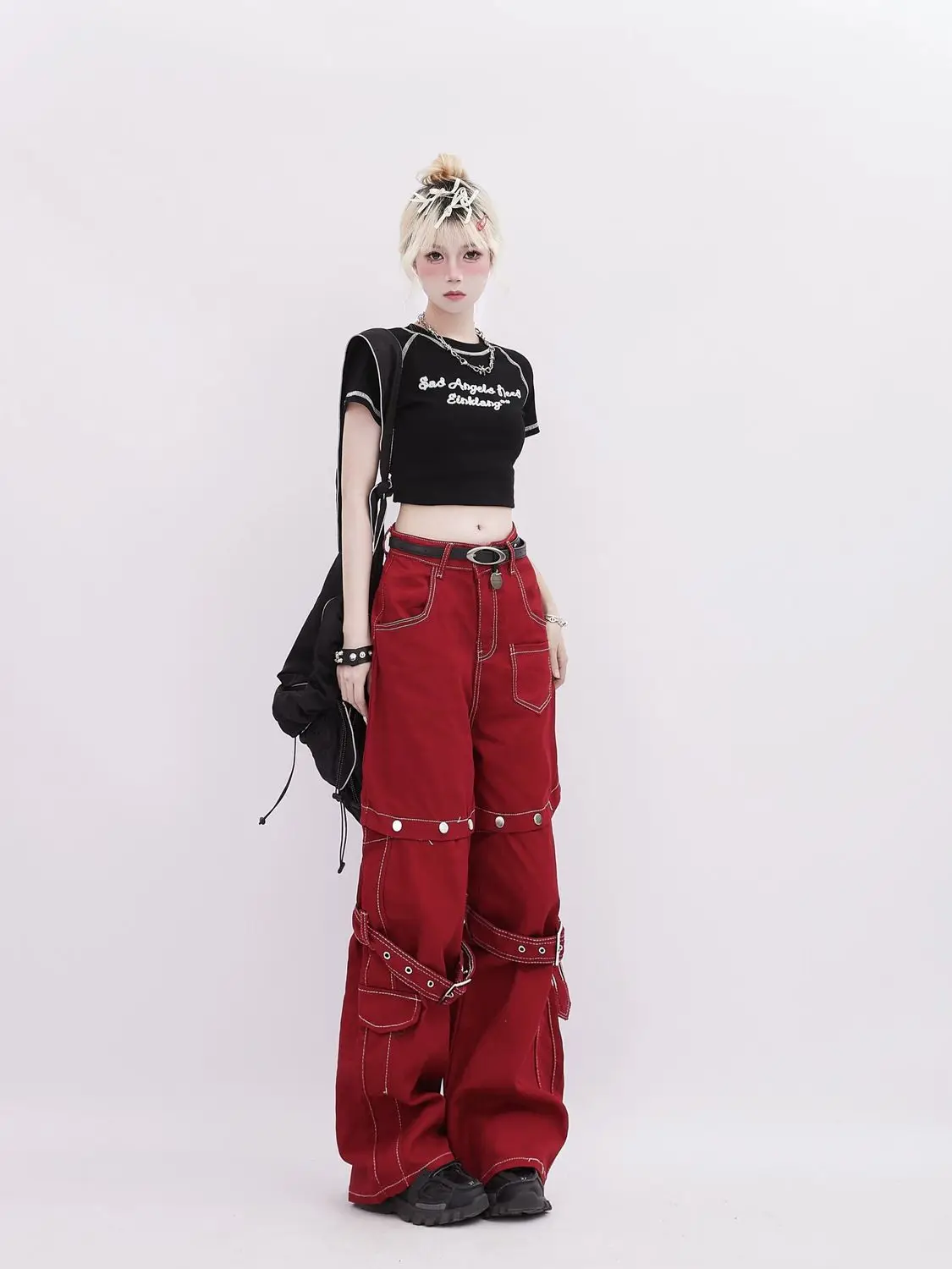 

Американские винтажные джинсовые брюки со съемным галстуком, женские свободные широкие брюки, модные красные брюки