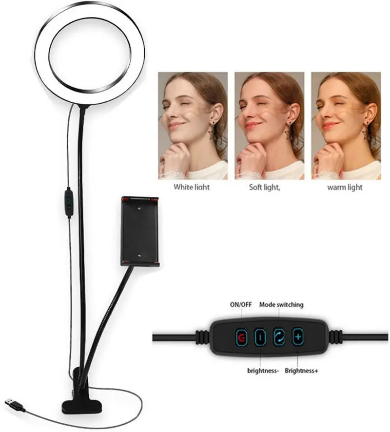 

Large size 8"Selfie Led Ring Light Clip Stand w/Phone Holder Youtube Vedio Live Stream Makeup Photo Studio Desktop Lighting 20CM