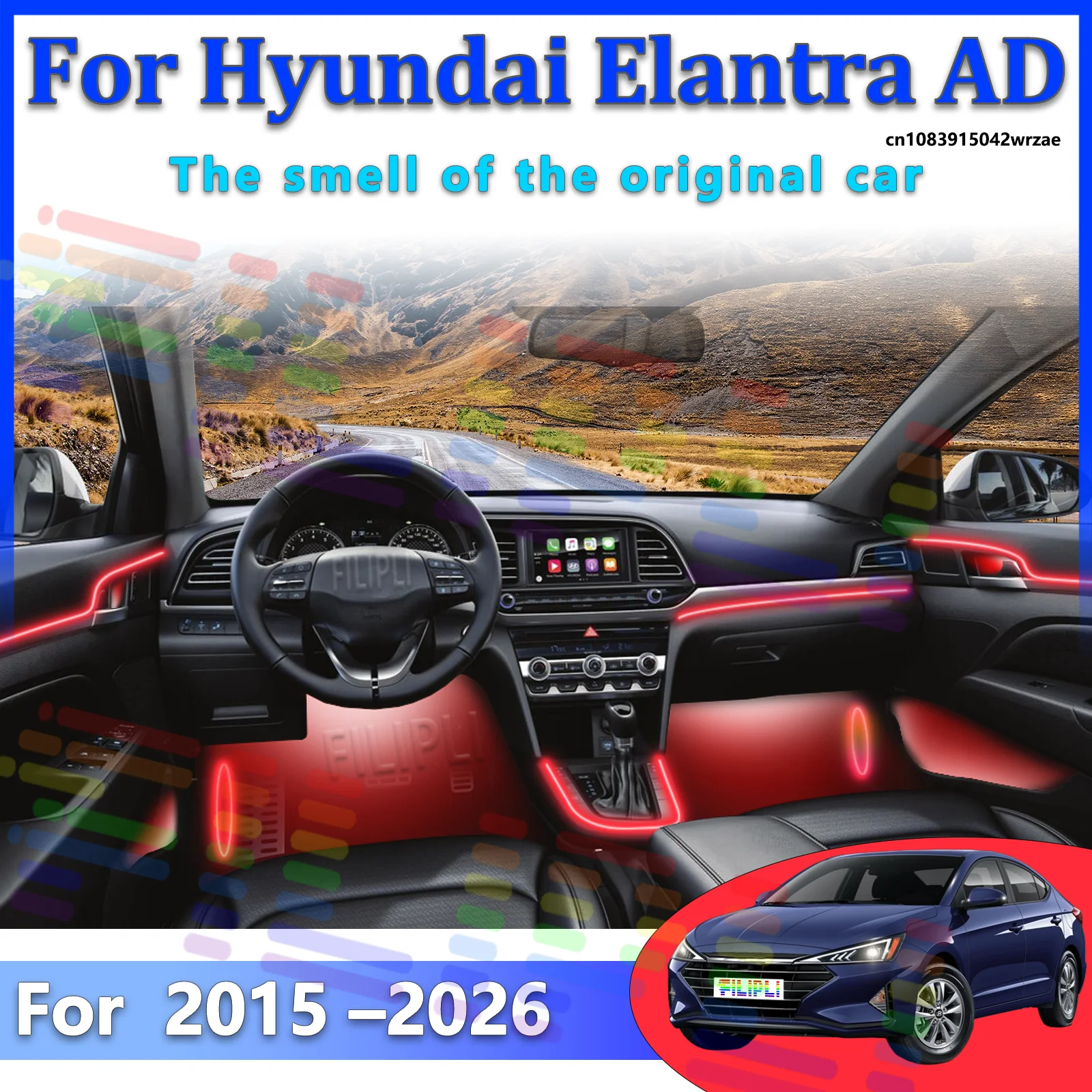 

For Hyundai Elantra AD Car LED Ambient Lamps Colorful Atmosphere Lights Auto Interior Neon Strip App Control 64 RGB Light