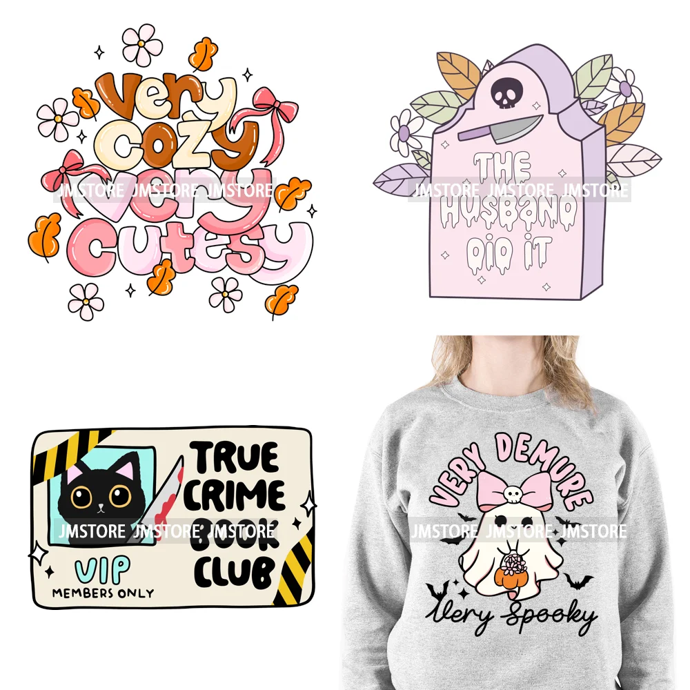 Halloween Vibes Cozy Read Spooky Ghost True Crime Book Club Card Logos Iron On DTF Transfer Stickers Ready To Press For Clothing