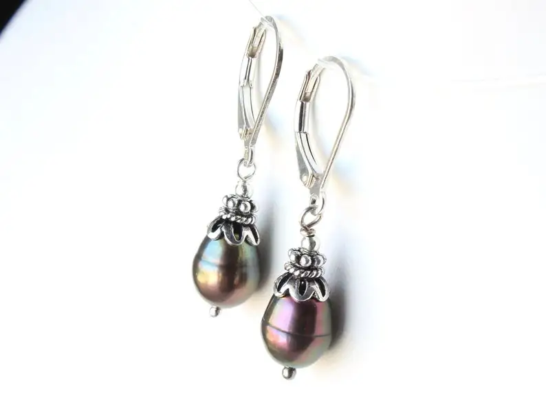 Peacock Pearls Sterling Silver Earrings classic dainty dangle drops boho chic everyday June birthstone birthday gift for her mom