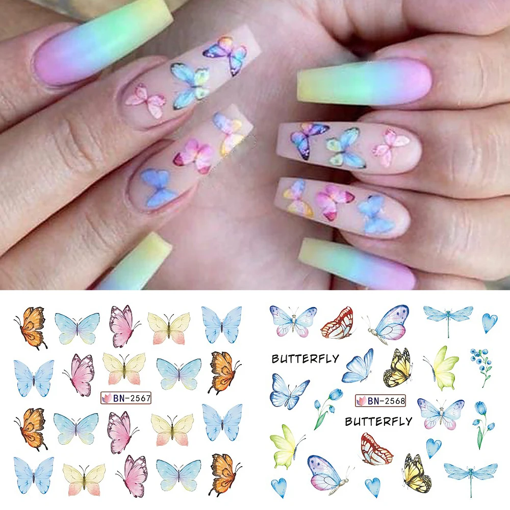 Schmetterling Wasser Nail Art Aufkleber Frühling bunte Schmetterling Blumen Blätter Transfer Schieber für Maniküre Dekorationen NLBN2557-2568