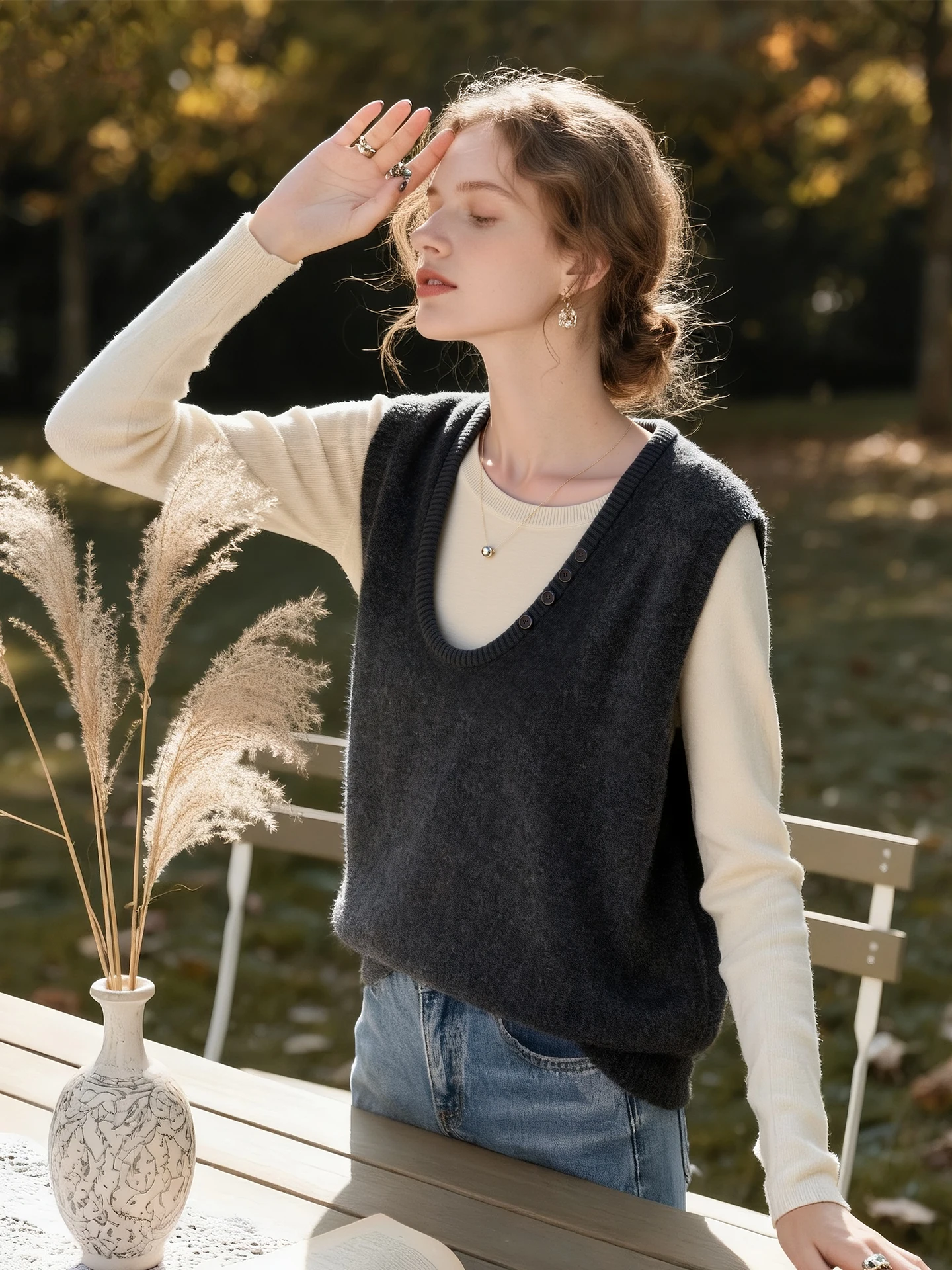 

Deep ey Knitted Vest Women's Loose Fit round Ne Svel Top Inner Wear Layering Sle Comfortable Polyester Blend