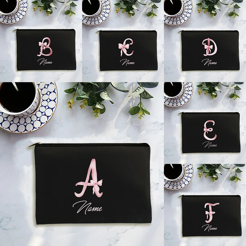 

Watercolor Coquette Pink Bow Letter Alphabet Personalized Name Makeup Bag Birthday Gift for Daughter Bachelor Party Gift for Her