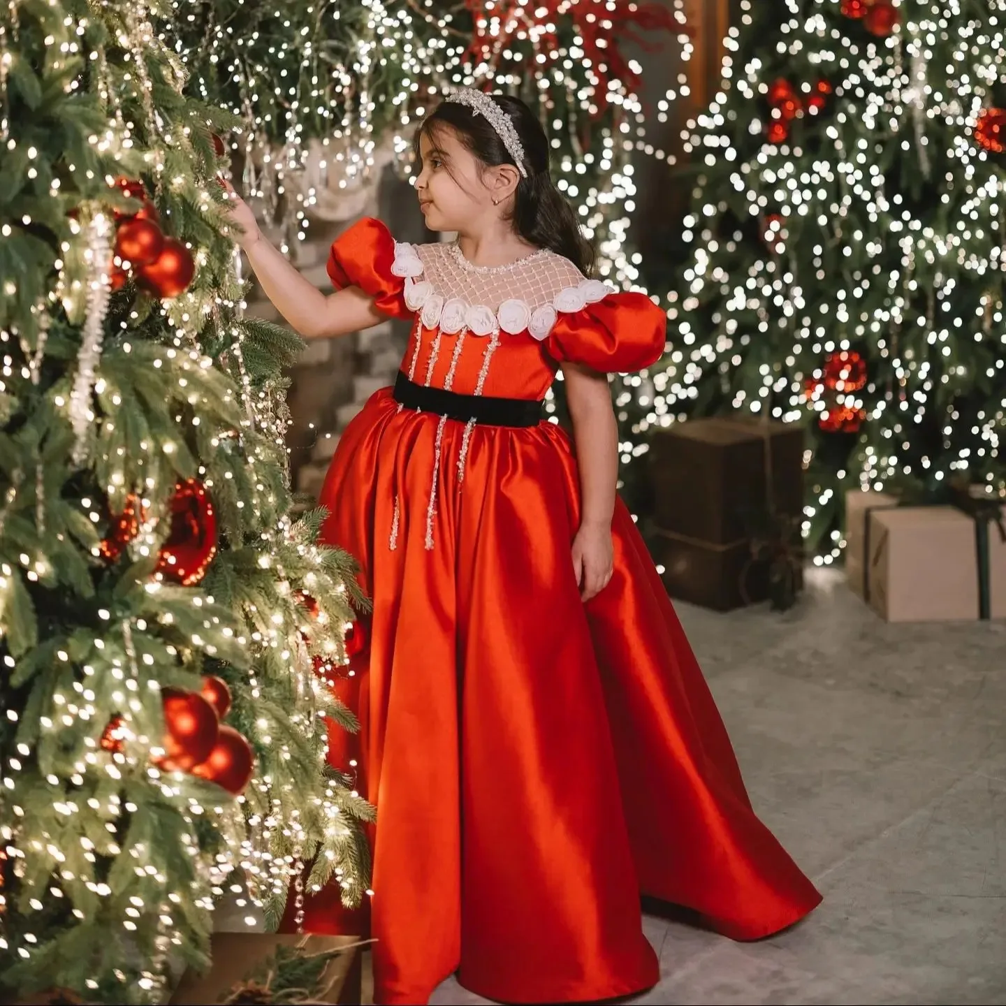 

Роскошные красные платья с цветочным узором для девочек, атласные платья принцессы с цветочным принтом и бисером, платье принцессы для первого причастия для маленьких девочек, пышные платья по индивидуальному заказу