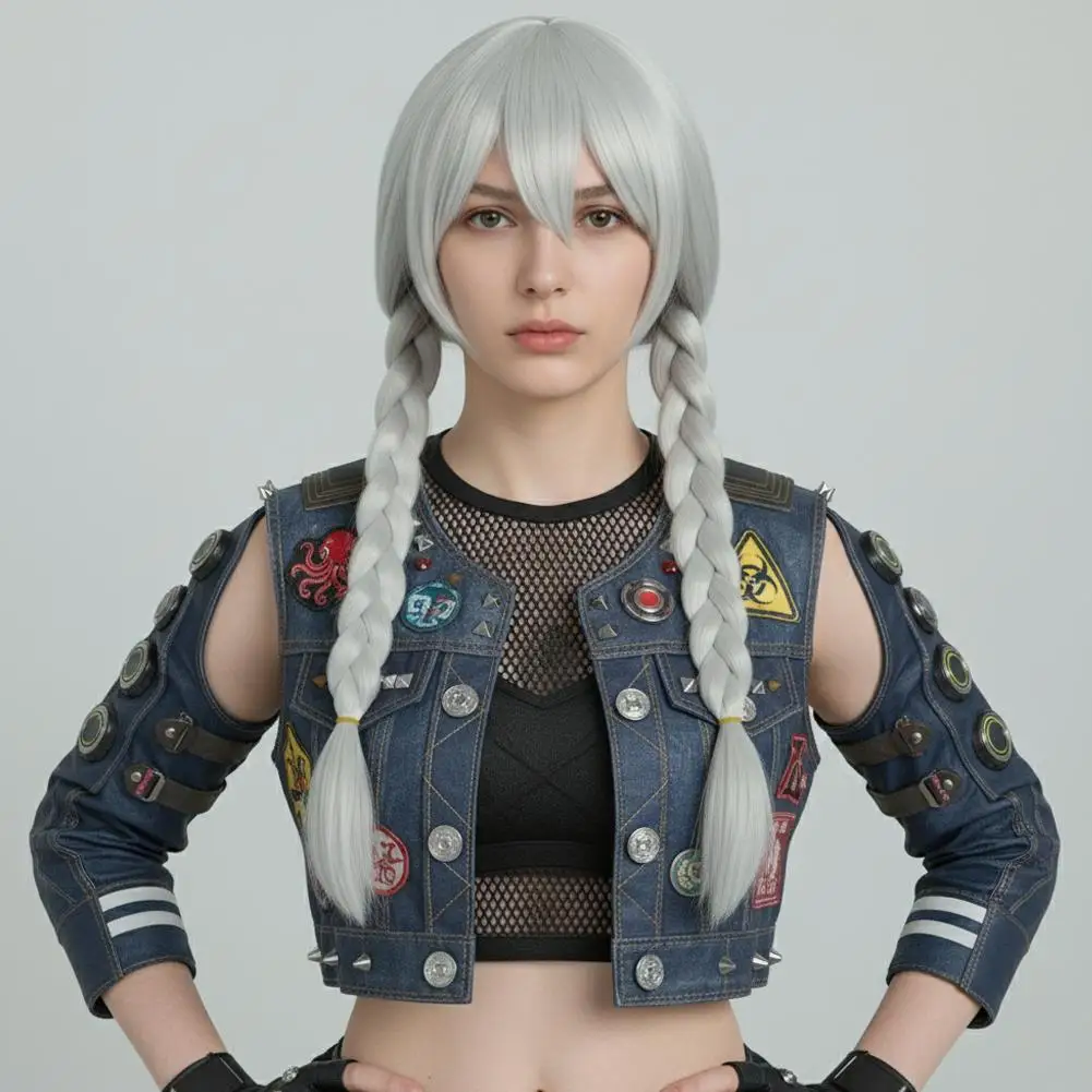 Peruki cosplay unisex srebrno-niebiesko-żółte z siatkami na włosy, kompletny zestaw do stylizacji dla kobiet i mężczyzn, nie wymagają przycinania, długie i krótkie.
