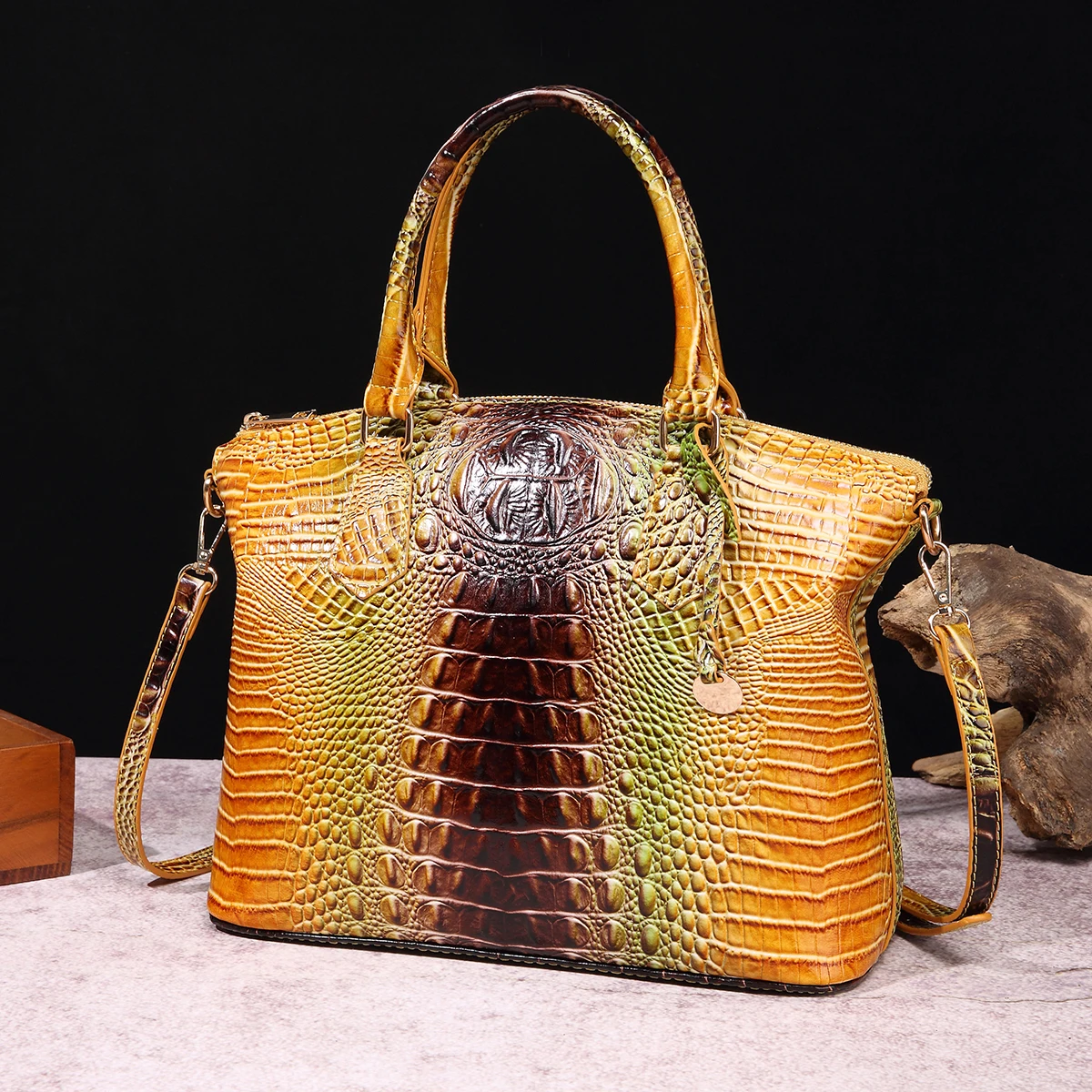 Crocodile Embossed Tote Bag Patent Leather Ombre Handbag Classic Style Satchel Purse Casual Large Crossbody Bag