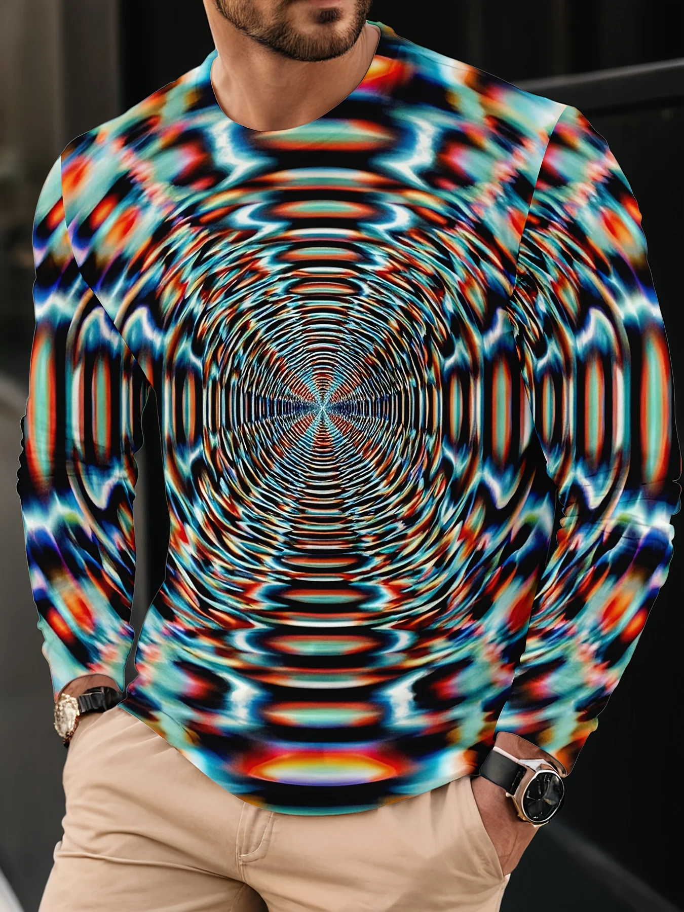 الوهم البصري نمط المبهر المطبوعة الرجال جولة الرقبة طويلة الأكمام أعلى تي شيرت لحفلة عطلة السفر اليومية #1