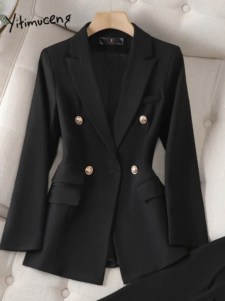 Yitimuceng Black Fashion Blazers Women Long Sleeve Casual Office Jacket Solid Button Slim Turn Down Collar Double Breasted Coats