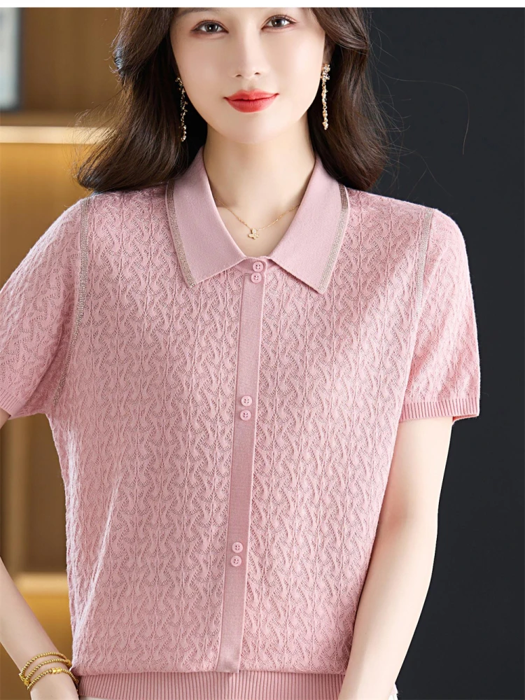 

Summer New Loose Ice Silk Knitted irt Turn-down Collar Overhead Young Mom's Faion Thin T-irt Middle-aged Women's Top