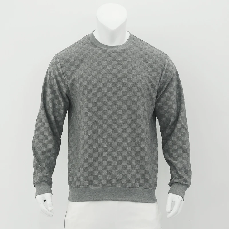 2024 Autumn/Winter New Men\'s Knitwear Heavyweight Jacquard Checkerboard Round Neck Casual Bottom Long sleeved Top