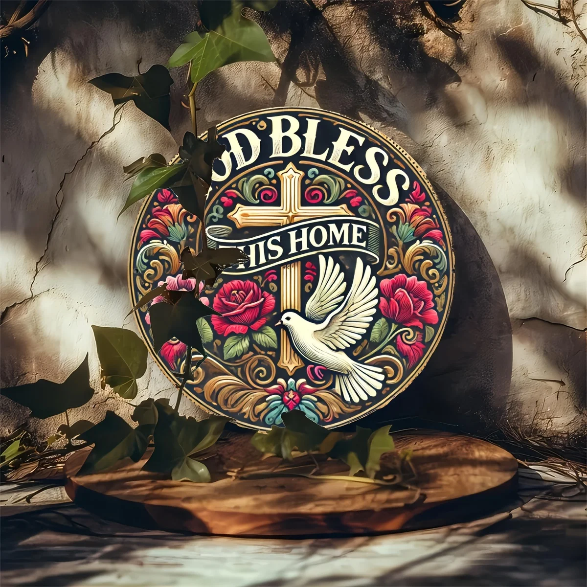 2D Flat-Printed Metal Sign Featuring a Rustic Round Design That Says 'God Bless This Home' Along with a Dove And Floral Motifs