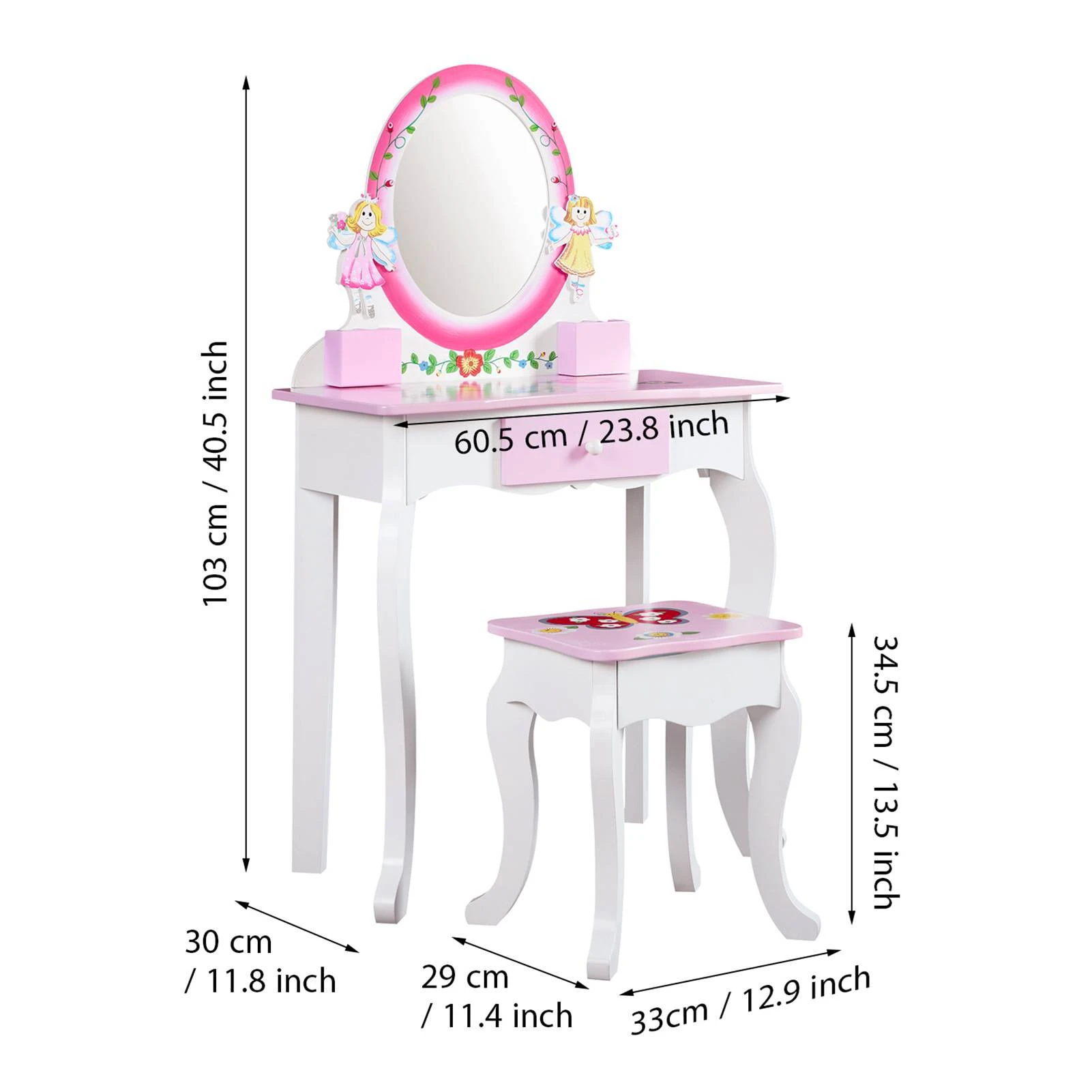 Kids Vanity Set Floral Printed Wooden Makeup Dressing Princess Table with Mirror and Stool for Role Playing Pink Kids Vanity image 2