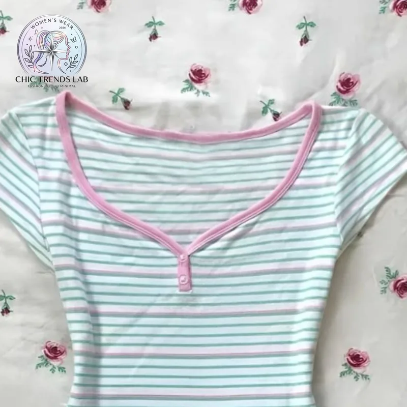 Y2k Stripes T Shirt for Women V Neck Versatile Color Blocking Vintage T-shirts Spring Summer Sexy Basics Ropa De Mujer harajuku