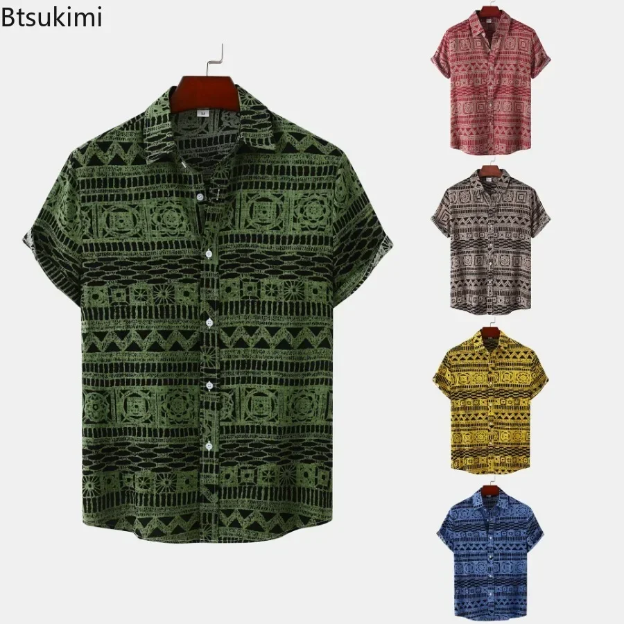 2025 Men's Ethnic Style Printed Shirts Summer Short Sleeve Casual Loose Tops Fashion Retro Daily Beach Holiday Shirt Male Blouse
