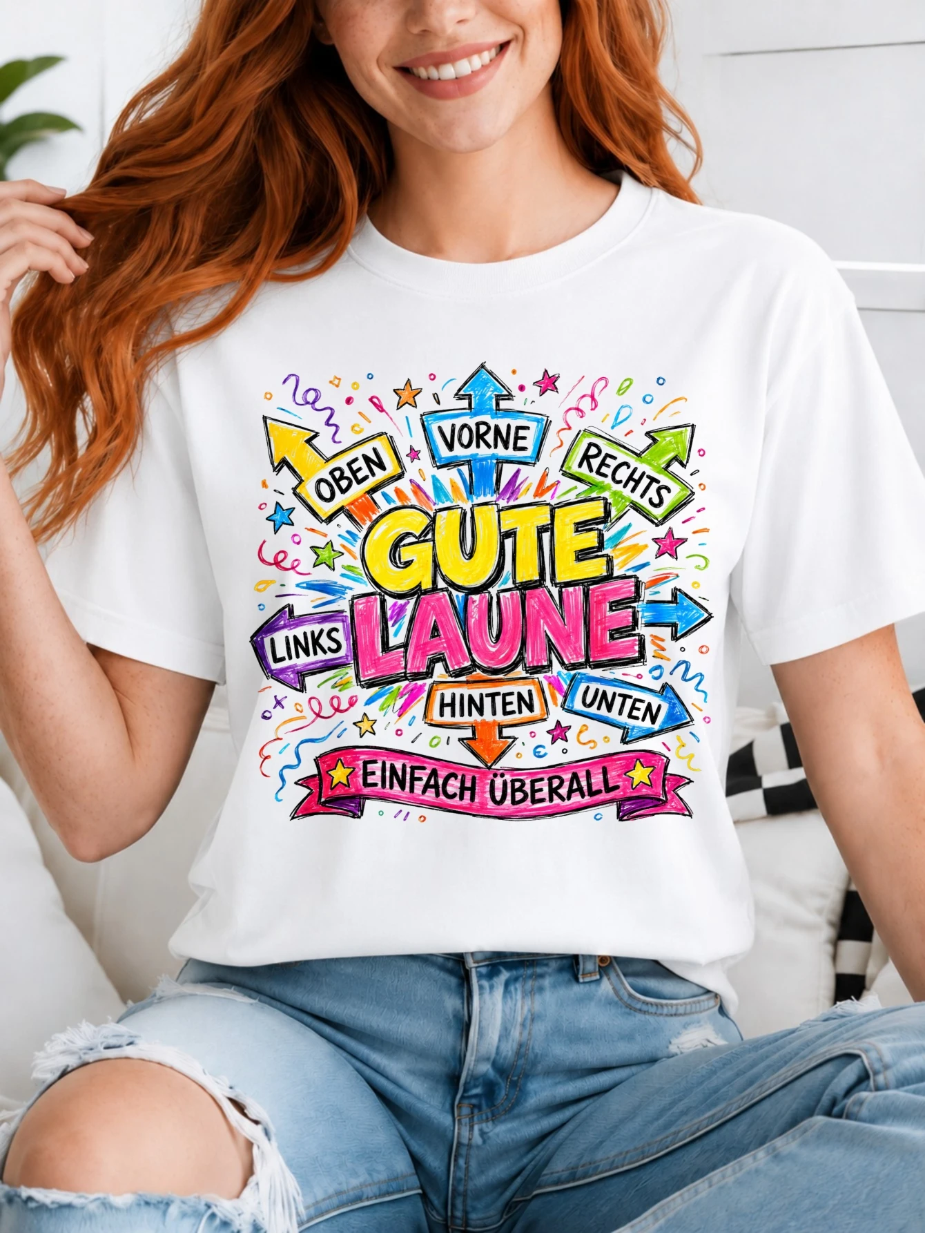 Gute Laune Uberall hand drawn marker style arrows with confetti stars and bold yellow pink German  Unisex All T-Shirt
