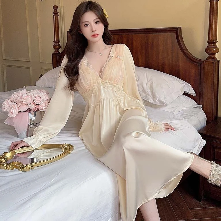 

Lace Sleepdress Dressing Gown V-Neck Women Nightgown Summer Silky Satin Sleepwear Lingerie Long Sleeve Nightdress Loungewear
