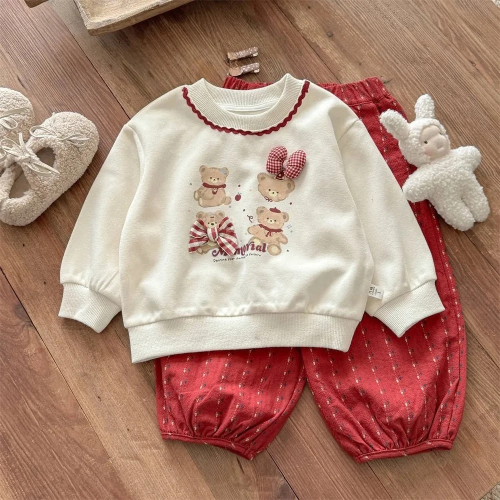 خريف جديد لطيف ملابس عقدة شعر للفتيات الدب كم طويل بلوزات وسراويل مخططة حمراء موضة الأطفال مجموعة النسخة الكورية #3